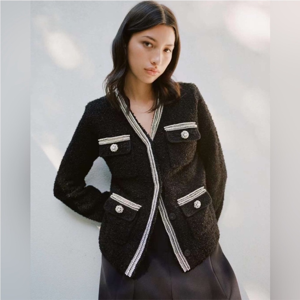 NWT SELF-PORTRAIT Black Tape Knit Crystal-Embellished Bouclé Cardigan